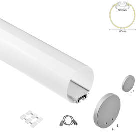 Алуминиев профил за LED ленти кръгъл Aca Lighting Velor, 2 метра, с бял опалов дифузер, 2 броя крайни тапи и комплект за окачване, ф60
