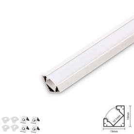 Ъглов алуминиев профил за LED ленти бял 2 метра, с бял капак с клик монтаж, в комплект с 4 броя монтажни планки и 4 броя крайни тапи