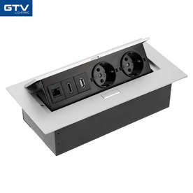 POP кутия за вграждане GTV AE-PB02GSHDMI-53, 2 шуко контакта 3600W, USB порт, HDMI, RJ45 интернет букса CAT 5E, цвят на тялото сребрист