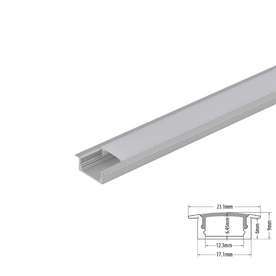 Алуминиев профил за LED лента 2 метра Ultralux APK201, за вграждане, плитък, в комплект с бял дифузер, две скоби и две крайни тапи