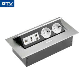 POP кутия за вграждане GTV AE-PB02GS-53, 2 шуко контакта 3600W, USB порт, аудио жакове, интернет букса CAT 5E, цвят на тялото сребрист