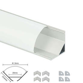 Ъглов алуминиев профил за LED ленти голям, с бял капак, в комплект с ПВЦ 4 тапи и 4 ПВЦ скоби