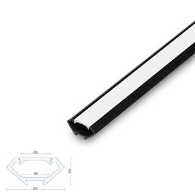 Ъглов пластмасов профил за LED ленти LVT 6845, два метра, размер 2000x22x12mm, черен, бял дифузер
