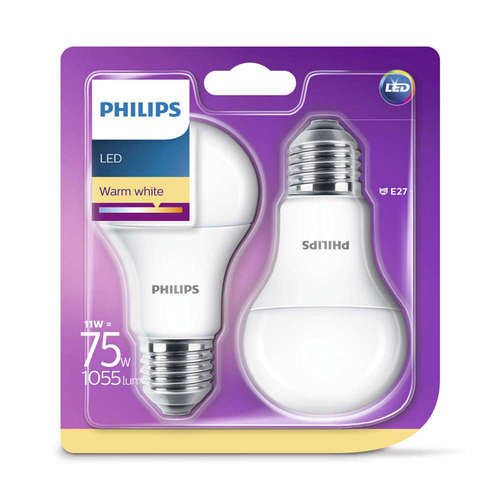 LED крушки Филипс 220V 2 броя в блистер, Е27, 11W, 2700K, 1055lm, A60, 200°. Спрян продукт