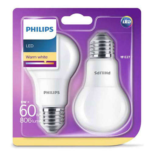 LED крушки Е27 Philips 2 броя в блистер, 2700K, 220V, 8W, 806lm, А60. Спрян продукт