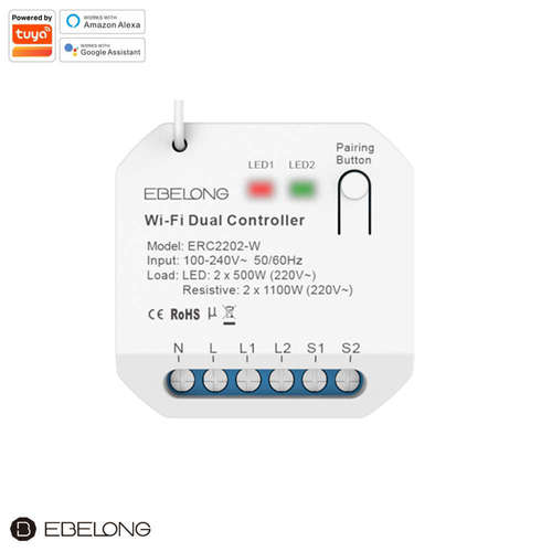 Безжичен 2.4G WIFI SMART контролер Ebelong ERC2202-W 100-240V 2x5A 2x500W LED RF 433Mhz on/off два канала