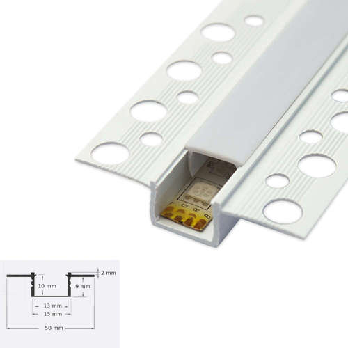 Пластмасов профил за вграждане в гипсокартон LVT 1201, два метра, размер 2000x50x12mm, бял, с бял дифузер