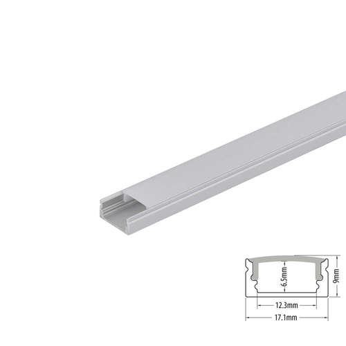 Алуминиев профил за LED лента 2 метра Ultralux APK207, за открит монтаж, плитък, в комплект с бял дифузер, две скоби и две крайни тапи