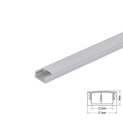 Алуминиев профил за LED лента 3 метра Ultralux APK307, за открит монтаж, плитък, в комплект с бял дифузер, две скоби и две крайни тапи