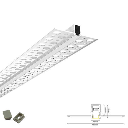 LED профил за гипсокартон Aca Lighting P129 прав ултра тънък за монтаж в гипсокартон и плоскости, широчина на улей за LED лента 5.5 мм