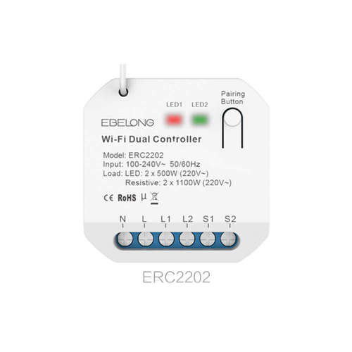 Двуканален RF контролер 433MHz, 100-240VAC, 2x5A, 2x500W LED, Ebelong ERC2202