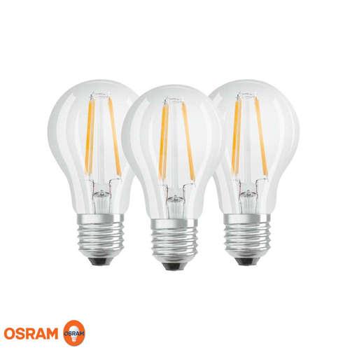 OSRAM LED крушка E27, 3 броя в опаковка, филамент, 7W/60W, 220V, 2700K, 806lm, тип форма А60, ъгъл на светене 360°