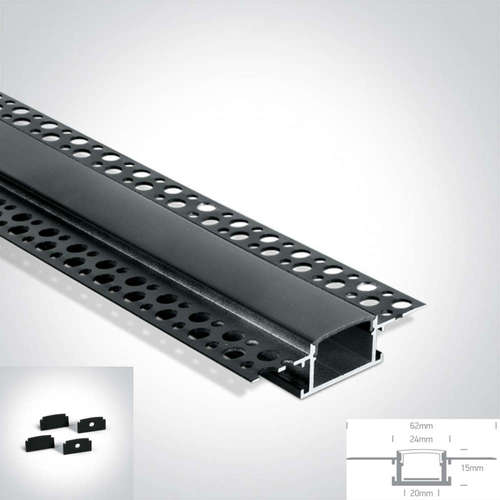 Черен LED профил за вграждане в гипсокартон One Light 7904TR/B, 2 метра, в комплект с черен дифузер и тапи