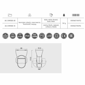 Микровълнов сензор за движение GTV, IP65, 220V, 180°, max. 1200W, черно тяло AE-CM9000-10