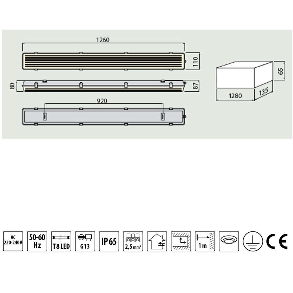 Линейни осветителни тела за LED пури 2x120 см, IP65, 220V, фасунги Т8/G13 - Image 2