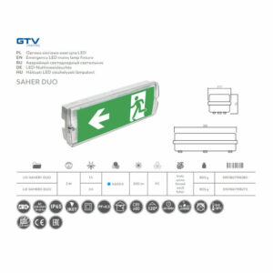 Херметично aварийно осветително тяло GTV LD-SAHER1-DUO, 220V, 3W, 6400K, 300lm, IP65, IK07, светене в авариен режим 1 час, за монтаж на стена