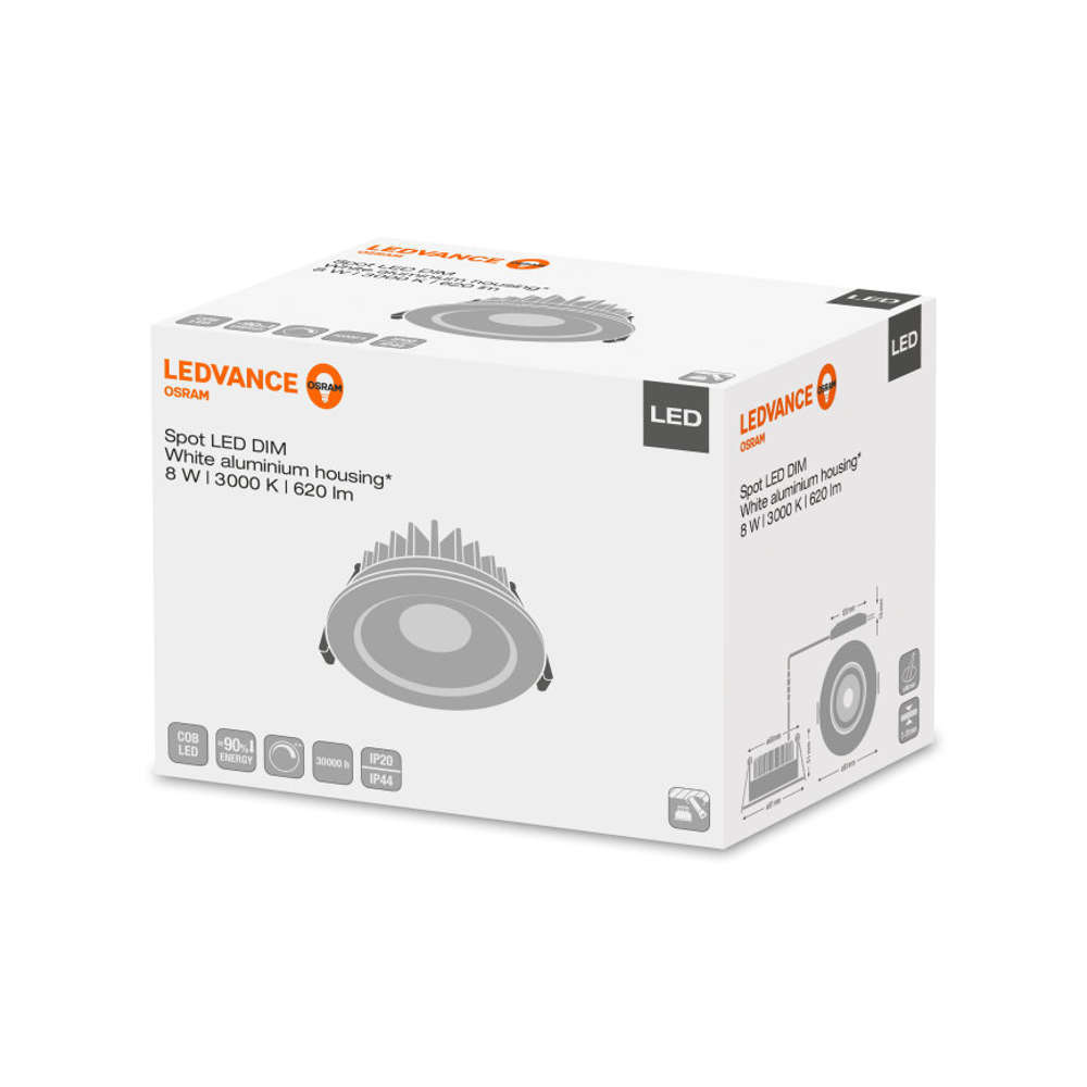 Димираща лед луна за вграждане LEDVANCE, 220V, 8W, 3000K, 620lm, 36°, IP44, алуминий, бяло тяло , 36 месеца гаранция - Image 2