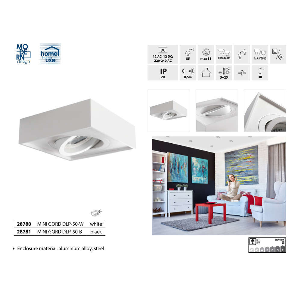 Луна за вграждане в таван Kanlux MINI GORD DLP-50-W 28780 бяло тяло с ротация, за лунички MR16 - Image 3