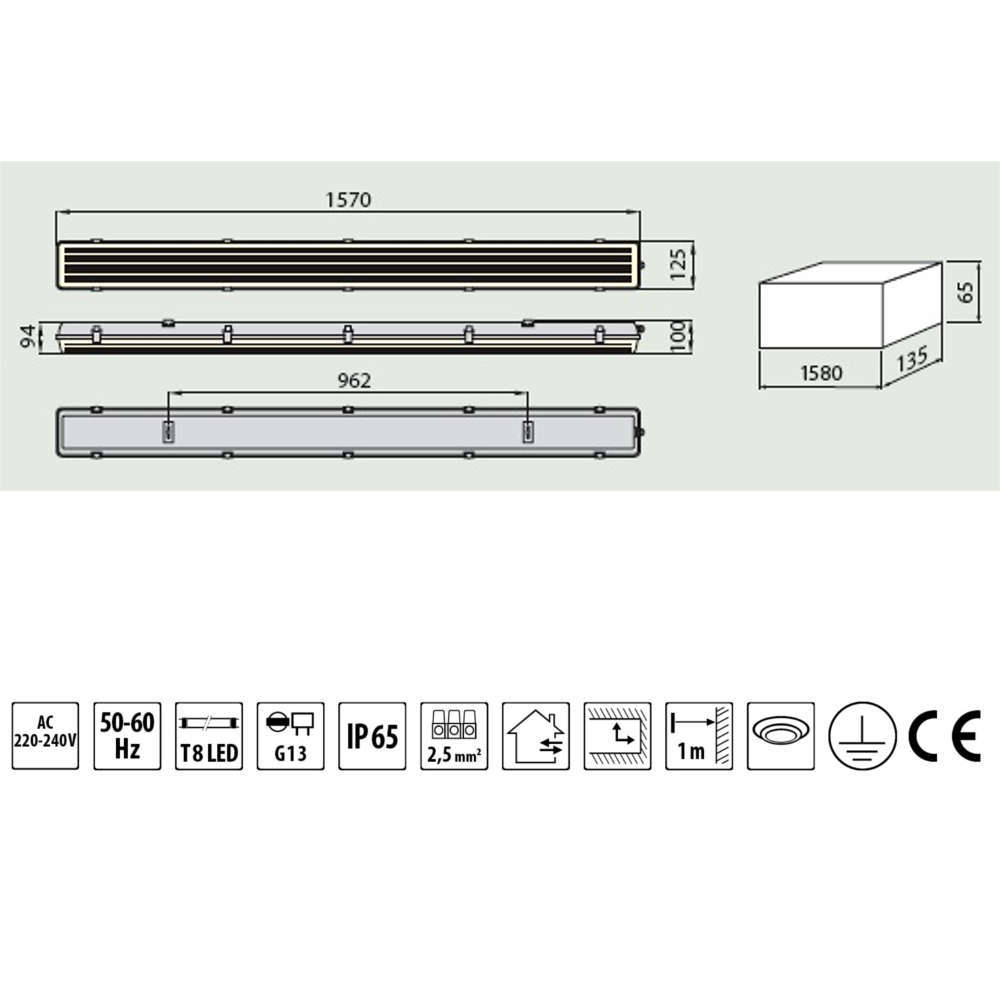 Линейни осветителни тела за LED пури 2x150 см, IP65, 220V, фасунги G13/Т8 - Image 2