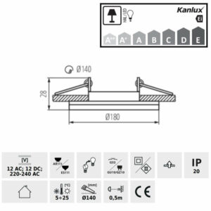 Луна за вграждане кардан, IP20, съвместимост с лампи AR111, ротация на тялото, стъкло, кръгло черно тяло Kanlux KAN-27961