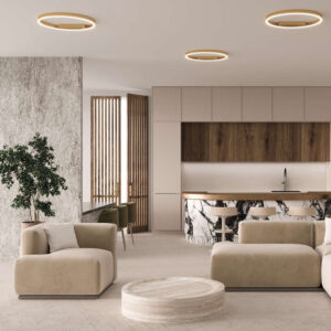 Месингови LED лампи за таван Maytoni Rim в модерен хол с отворена кухня
