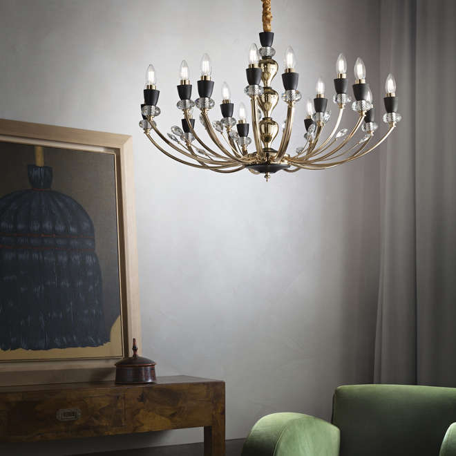 Полилей Ideal Lux Vanity SP15, златиста метална рамка, матови черни детайли и кристални декоративни елементи, верига с кадифе, 15 х E14 крушки.