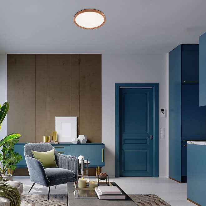 LED плафон Rabalux Sherwood с изчистен дизайн в нордически стил. Метална основа в цвят бук и бял пластмасов дифузер звездно небе, 3000K-6500K.