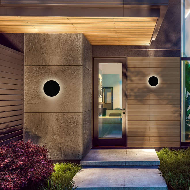 Фасаден аплик Rabalux Rust – черен кръг с индиректна светлина към стената, LED, IP65, подходящ за тераси и външни стени.