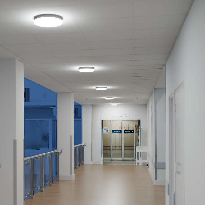 Кръгъл LED плафон за офис, коридори и стълби в бял цвят с равномерна светлина и минималистичен дизайн