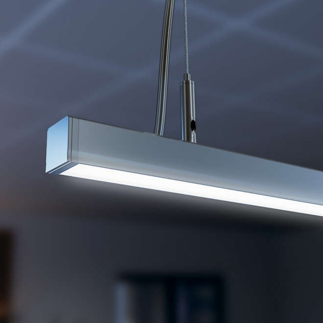 Линеен офис осветител Lumines Dileda – алуминиев корпус, неутрална светлина 4000K, подходящ за висящ или повърхностен монтаж