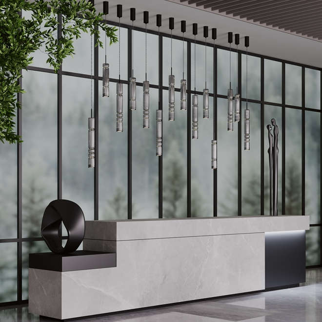 Висяща лампа Maytoni Ordo с издължени оребрени стъклени абажури, подходяща за конферентни зали, малки офиси и домашни интериори.