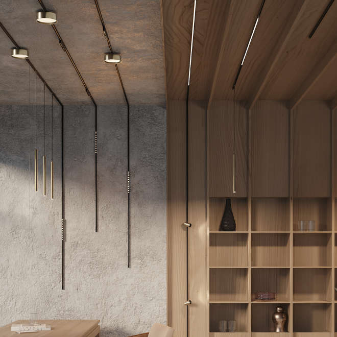 Магнитна релсова система Maytoni Levity с осветителни тела, монтирани по таван и стена – модерно решение за офис и домашен интериор