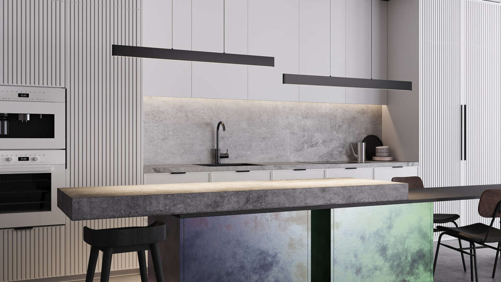 LED линейни лампи в черен цвят от серия Euphoria на колекция Maytoni Technical над кухненски остров