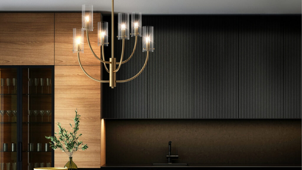 Полилей Maytoni Arco MOD223PL-06BS месинг с шест стъклени прозрачни абажури в модерна кухня над остров