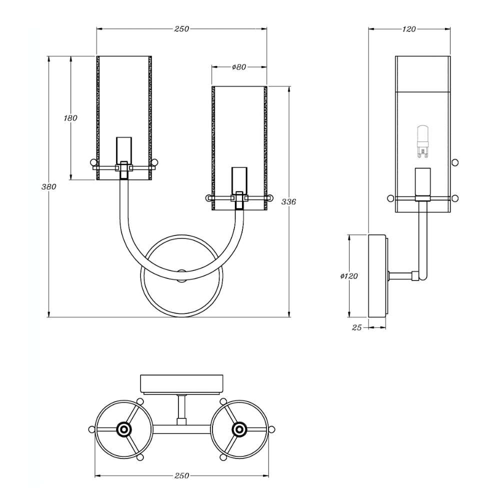Чертеж с размери на аплик за стена Maytoni Arco MOD223WL-02BS - 38 см х 25 см, абажури Ø8 см х 18 см (левият е по-високо)