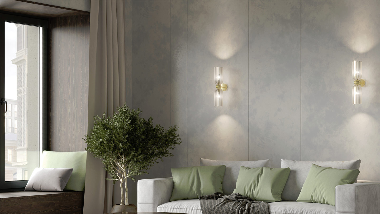 Два аплика Maytoni Antic MOD302WL-02CG на стена в модерен хол над диван