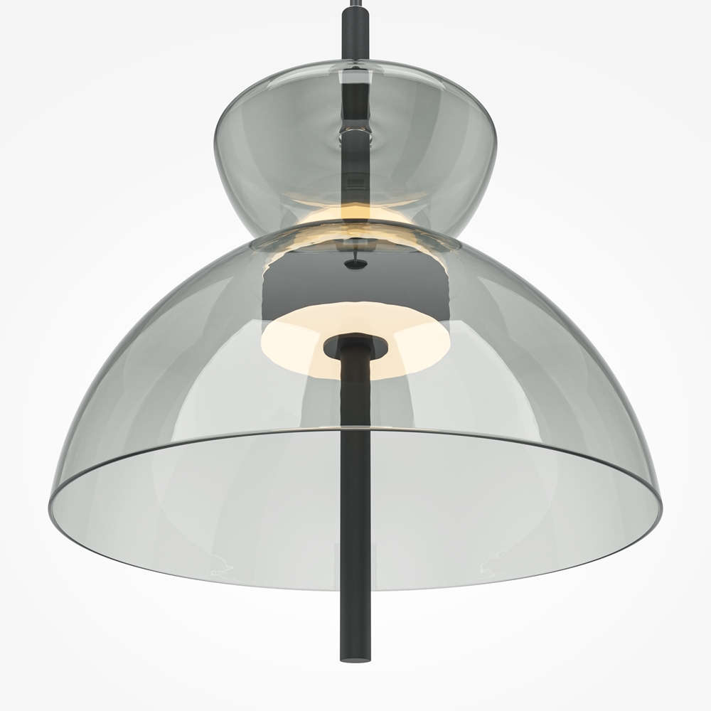 Детайл на стъкления куполовиден абажур, светещия елемент и полусферата над него на LED пендел Maytoni Bangkok MOD185PL-L11B3K2, показващи светене нагоре и надолу