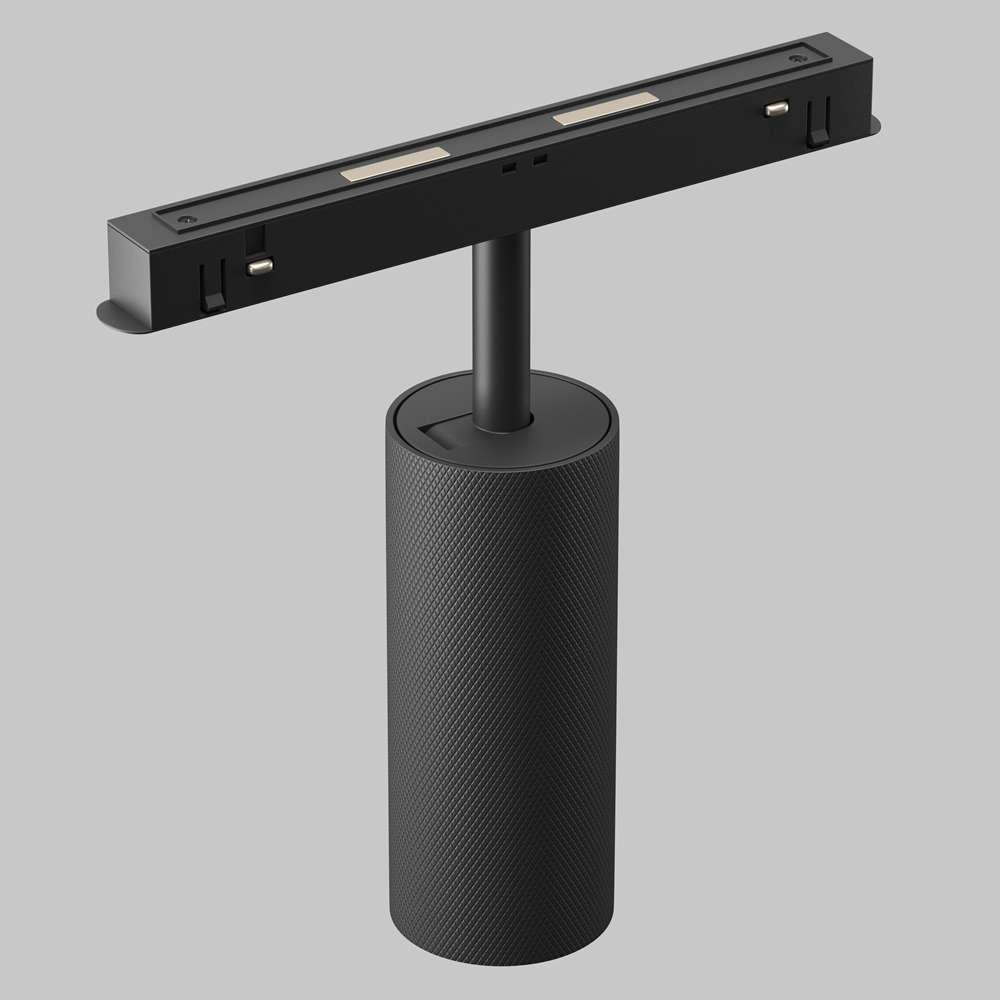 Магнитен релсов прожектор Maytoni Artisan TR097-2-12W4K-M-BB детайл от черния релефен корпус с черен адаптер