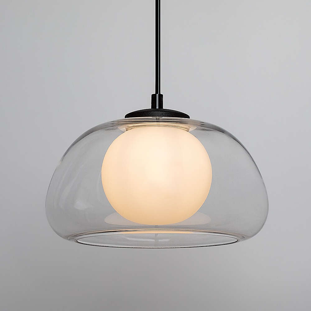 Двоен стъклен абажур на пендел Rabalux Elowen - външен купол от прозрачно стъкло и бяла вътрешна стъклена сфера