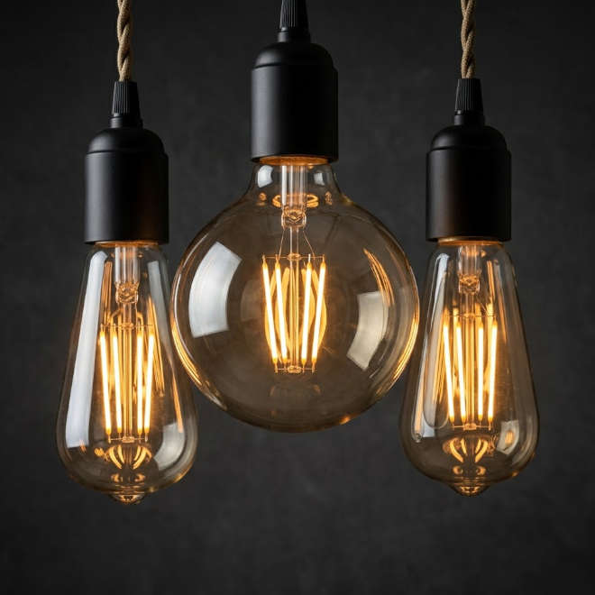 Колекция от декоративни винтидж крушки с LED нишки и кехлибарено стъкло, показваща уютния ефект на филаментната технология за ретро интериори