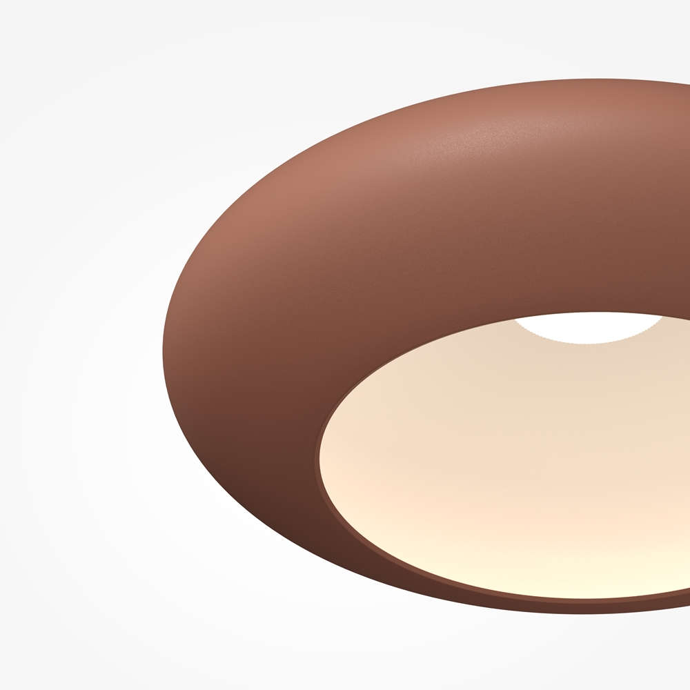 Таванна лампа Maytoni Aros MOD507CL-L12CK медна LED – детайл отдолу със светещ светлинен източник и корпус с форма на диск