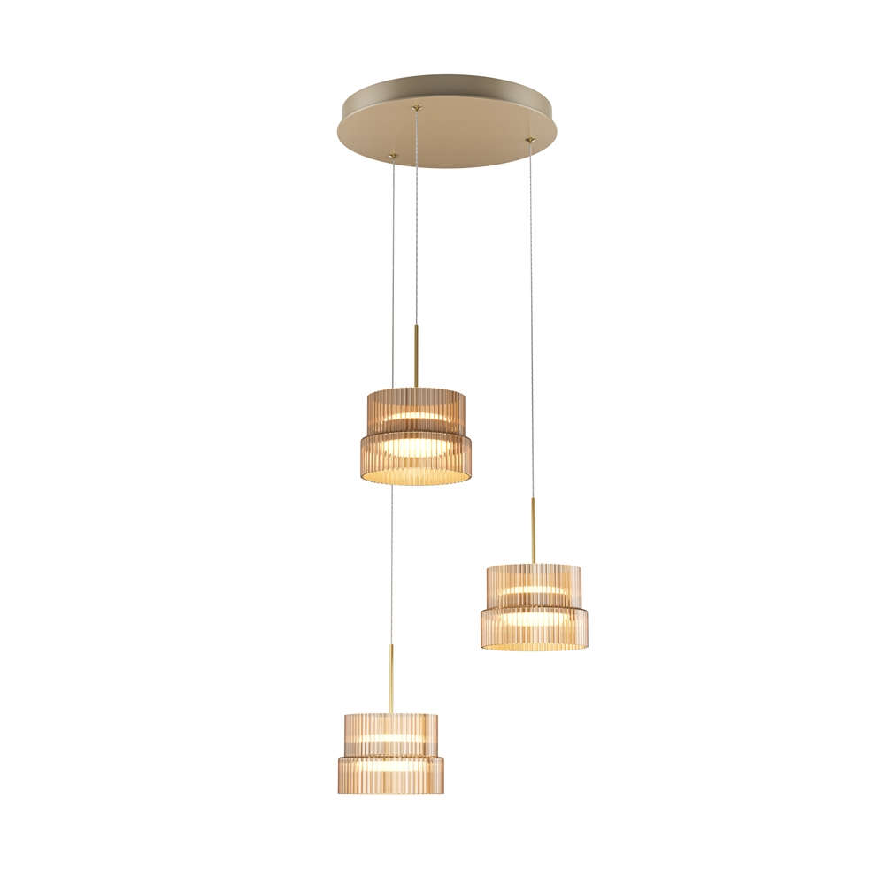LED троен пендел Maytoni Scala MOD496PL-L33BZK с три релефни стъклени абажура в цвят коняк и бронзова розетка