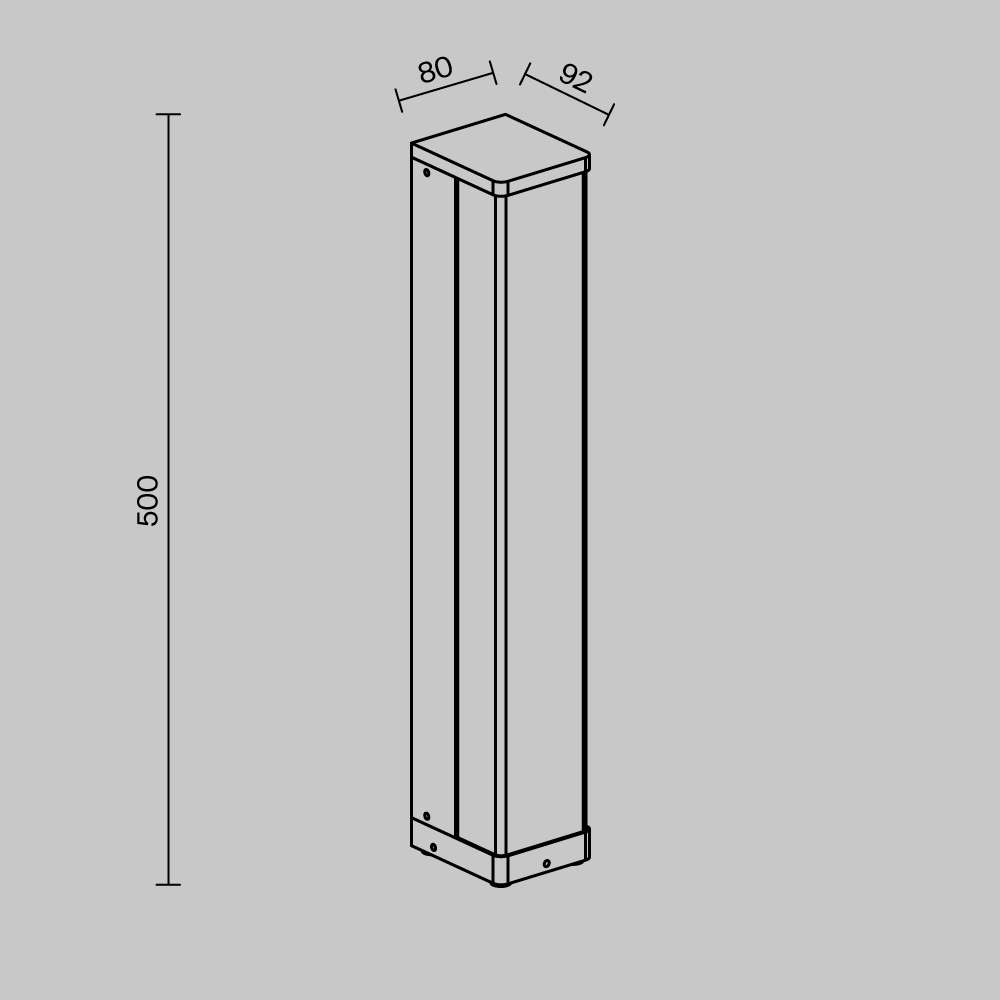 Размери на градинска лампа Maytoni Floeva - LED стълбче с височина 500 мм, ширина 92 мм и дължина 80 мм