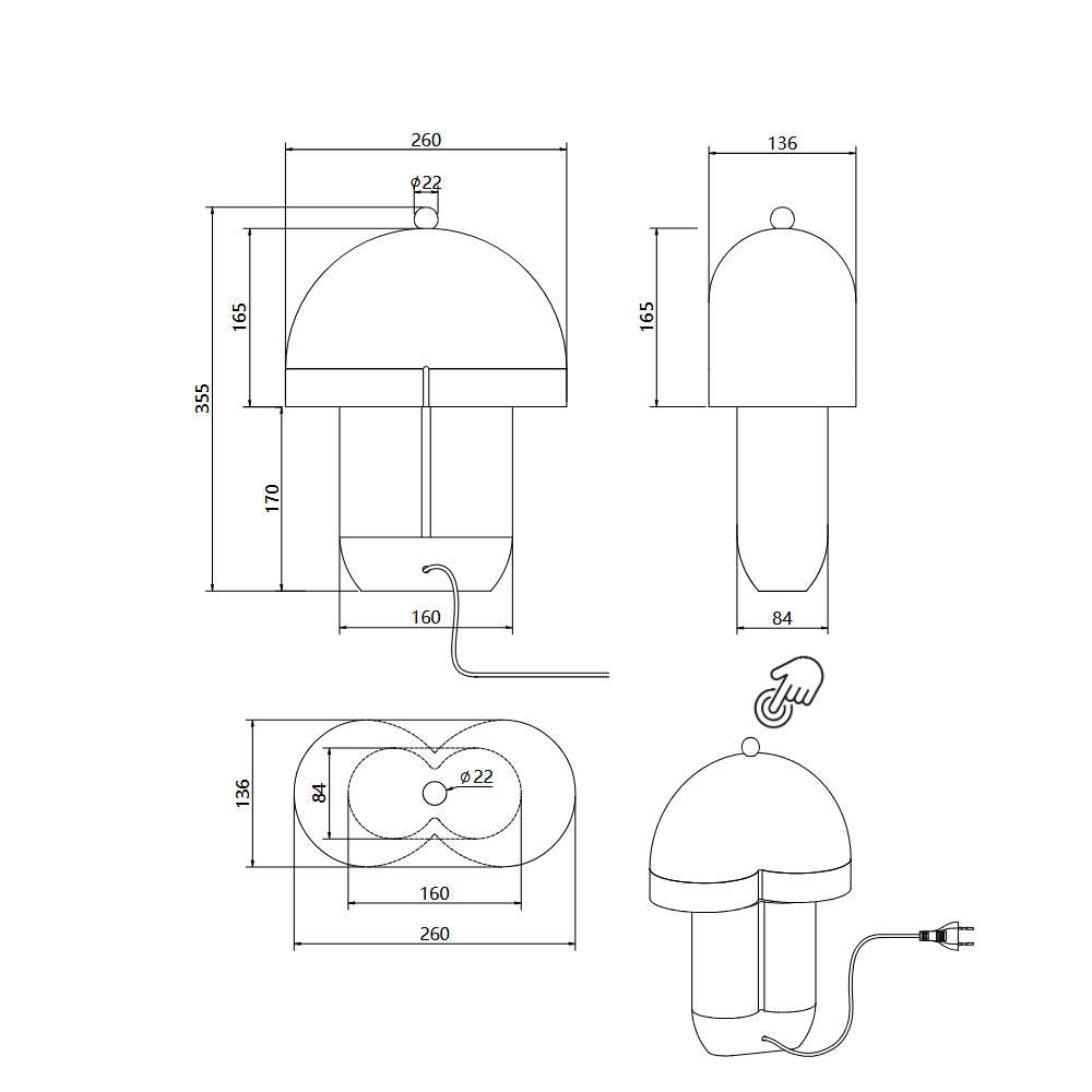 Размери на настолна лампа Maytoni Hope височина 355 mm и ширина 260 mm