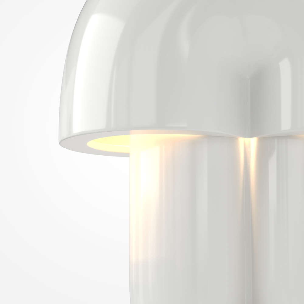 Детайл от белия гланцов керамичен корпус на светеща настолна лампа Maytoni Hope Milk White Gloss