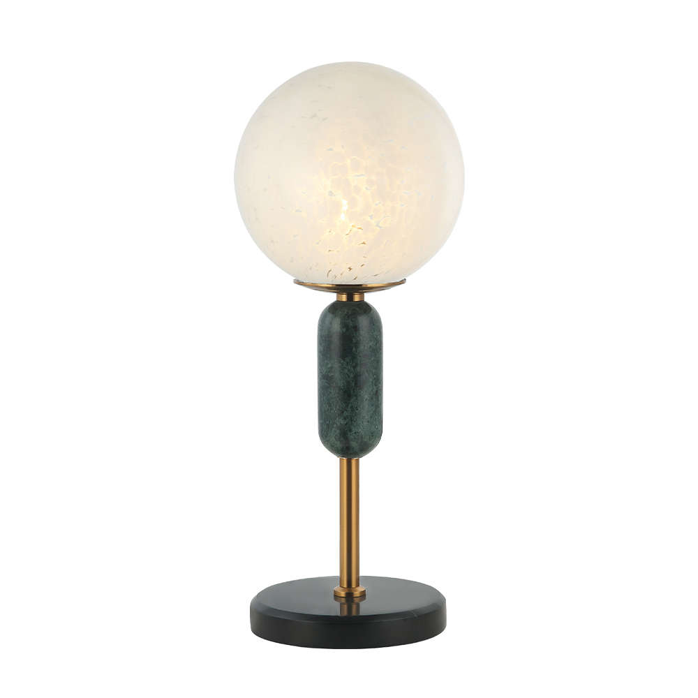 Настолна лампа Viokef Luciano 4264300 фасунга Е27, метално тяло в черно и месинг, с орнамент зелен мрамор и стъклен абажур