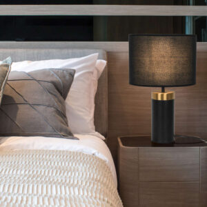 Настолна лампа Viokef Luciano 4279000 фасунга Е27, метално тяло в черно и златисто и текстилен абажур