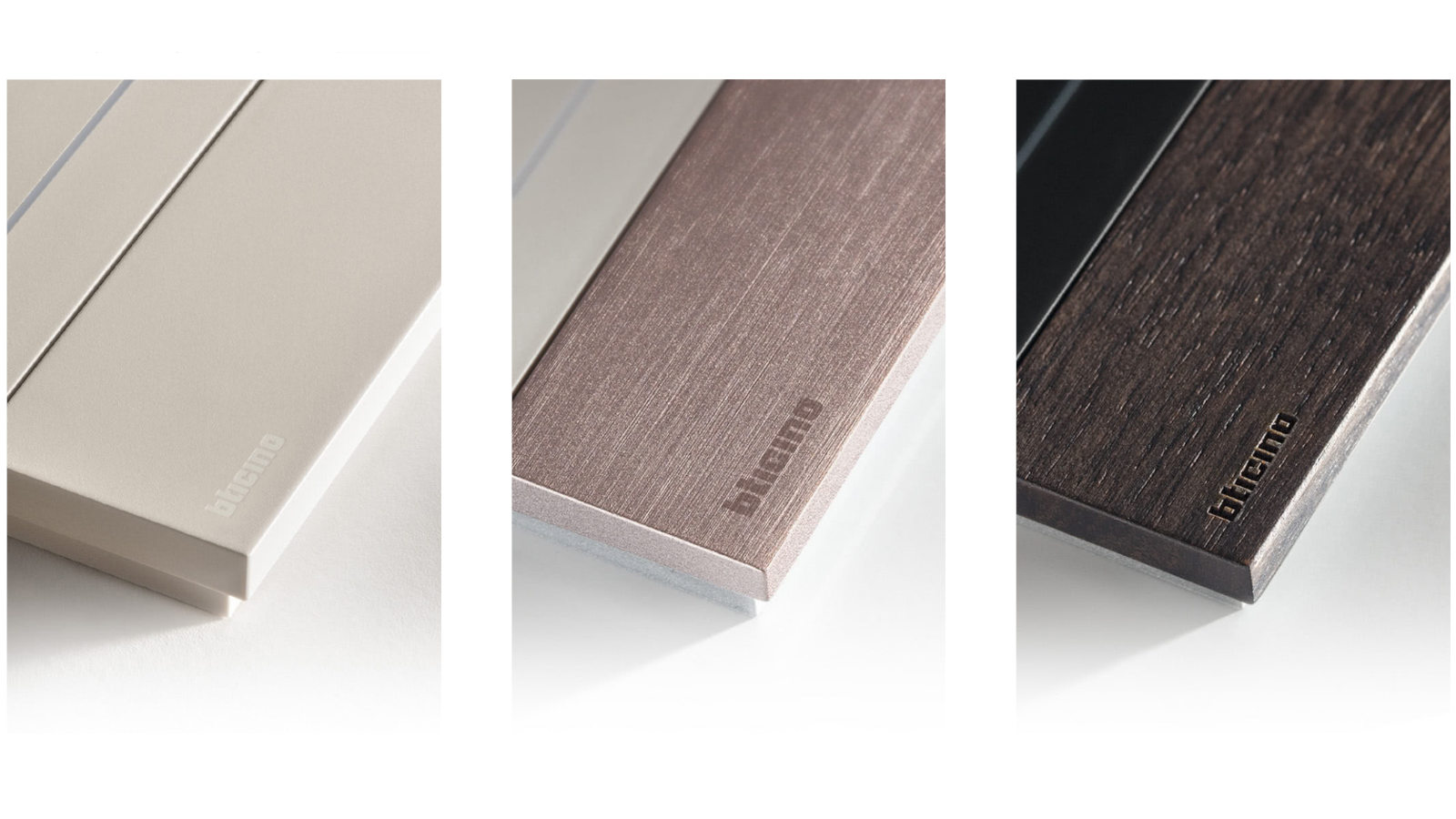 Материали при BTicino Living Now – технополимер, метал и естествено дърво за декоративни рамки на ключове и контакти