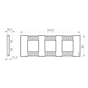 Размери на декоративна рамка BTicino Living Now 3x2 модула за 3 позиции Ø71 мм немски стандарт