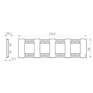 Размери на декоративна рамка BTicino Living Now 4x2 модула за 4 позиции Ø71 мм немски стандарт